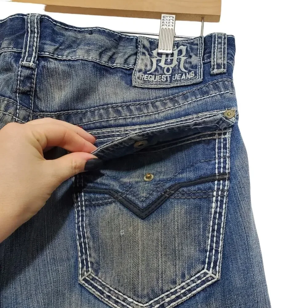 Request Jeans | Distressed Worked-In Flap Back Pocket Relaxed Straight Leg Jeans